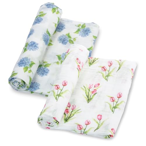 Image of LollyBanks Muslin Swaddle Blankets 2PACK, 100% Cotton Baby Blanket 47 x 47 Inches, Large Baby Swaddle Breathable, Muslin Blankets for Girls (Hydrangea and Tulip Print)