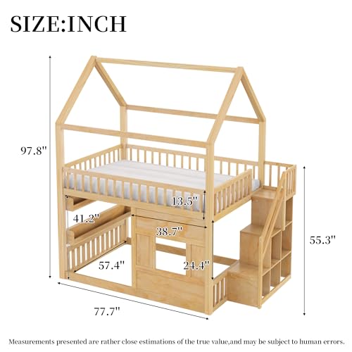 Image of Bellemave Bunk beds Full Over Full with Storage Stairs,Two Placement Methods,House bunk Bed, Pink