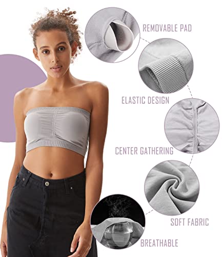 Puremsx Strapless Bras For Women, Invisible Bandeau Bra Wireless Padded Tube Tops Bra Breathable Basic Strapless Bralette For Summer,X-Large,3 Pack,Black,White,Gray #TOP1