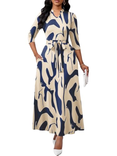 Image of BubFee Maxi Dresses for Women Semi Formal Long Dress 3 /4 Sleeve Casual A-line Church Dresses with Pockets