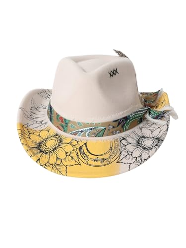 WDIRARA Womens Cowboy Hat Cow Print Western Cowgirl Hats Travel Vacation Boho Yellow One-Size