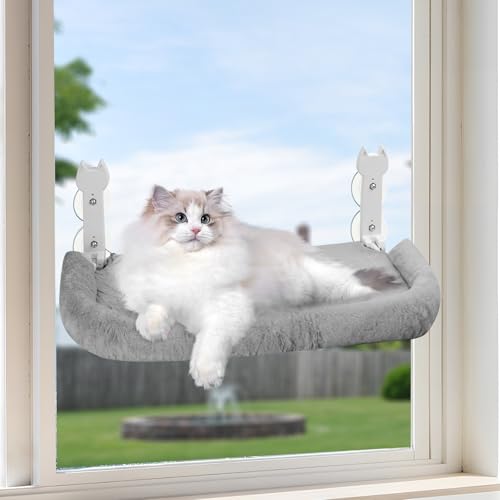 Focenat Cat Window Hammock Bed, 60x30cm Foldable Perch With Strong Suction Cups, Washable Plush Cushion for Wall, Holds Up to 25kg, Grey