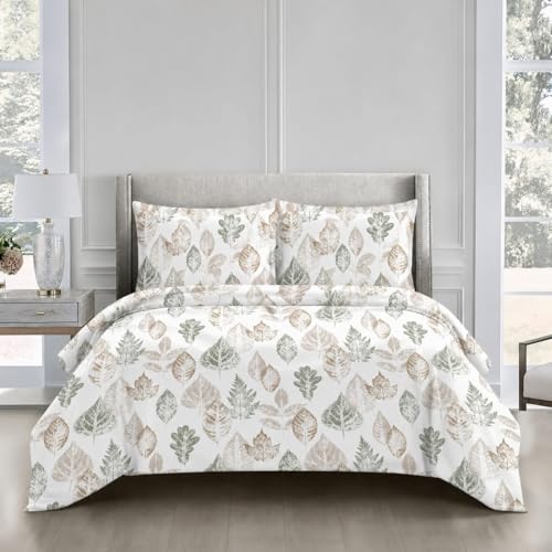 Image of Luxury Glace Cotton King Size Bedsheet with 2 Pillow Covers (108 x 108 Inch) | Soft & Breathable Fabric | Elegant Print Bed Sheet 3 Pc Bedding Set for Bedroom -Multi Leaf