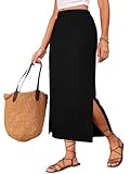 Poetsky Soft Maxi Skirt for Women Side Slit High Waist Casual Long Pencil Skirts Black M