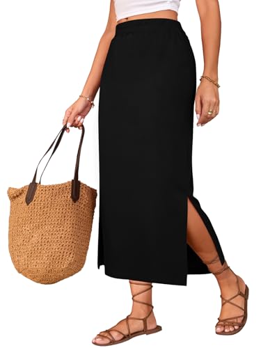 Maxi Long Straight Skirt with Slit for Women Summer Trendy Elastic High Waisted Ankle Length Casual...