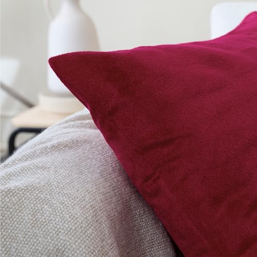 Image of Encasa XO Velvet Throw Pillow Covers 16x16 in (40x40 cm) - Maroon - No Inserts, Pack of 2 Cases | Solid Plain Dyed Soft & Smooth, Square Decorative Cushion Covers for Living & Bedroom