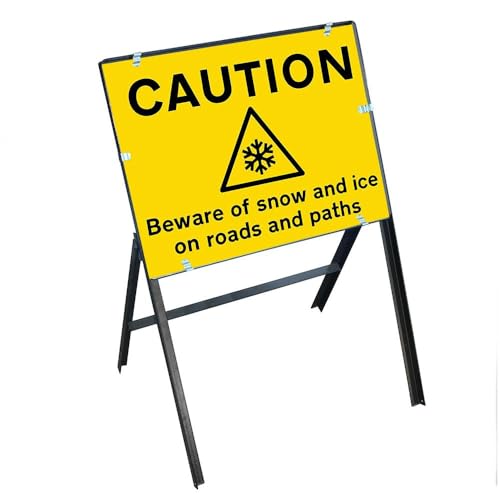 V Safety Caution: Slippery Surface – Beware of Snow and Ice on Roads and Paths Sign with Stanchion Frame – High-Visibility Winter Safety Signage
