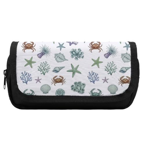 Meaudiwes Portable Travel Pouch Large Capacity Pen Bags Under Sea Ocean Starfish Shell Coral Crab Watercolor Makeup Case Double Layer Cosmetic Bag with Zipper