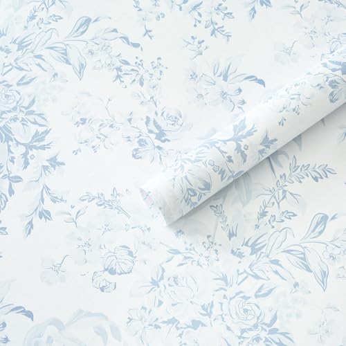 Heroad Vintage Peel and Stick Wallpaper Blue Floral Contact Paper Toile Leaf Removable Wall Paper Self Adhesive Stick On Wallpaper for Girls Nursery Bathroom Renter Friendly Vinyl Roll 17.3X78.7