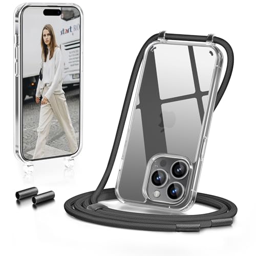 GOODVISH Handykette iPhone 15 Pro Max Hülle mit Band Transparent Necklace Handyhülle mit Kette Stossfest Schutzhülle [Abnehmbar Umhänge] Stylische iPhone 15 Pro Max case 6 7 Zoll Schwarz