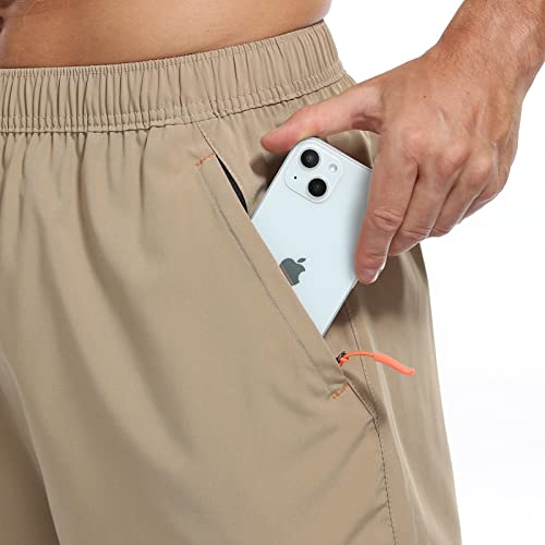 Sposulei Men's Athletic Shorts Quick Dry Lightweight Gym Running Casual 7 Inch Inseam Shorts With Zipper Pockets Khaki Small #TOP3