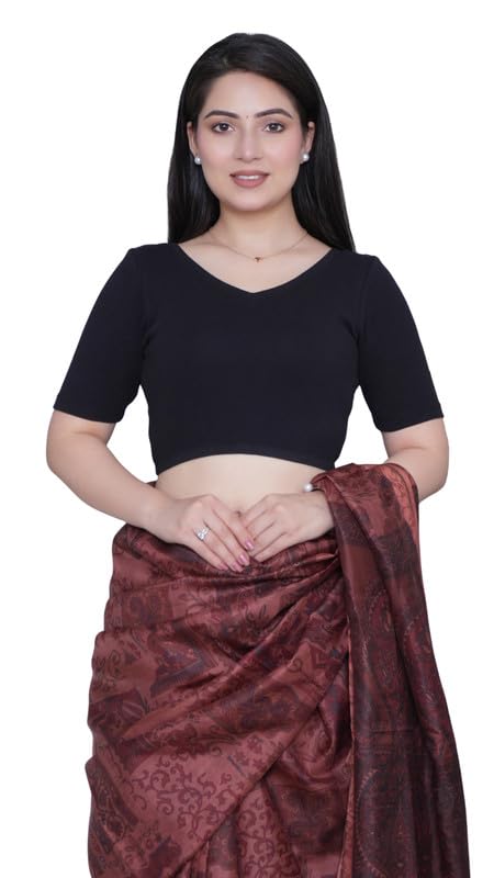 Image of Mlada V-Neck Stretchable Saree Blouse Top for Women | Slim Fit Short Sleeves Solid Cotton Blouses | Readymade Saree Blouses for Women Festive & Ethnic | Blouse Crop Top