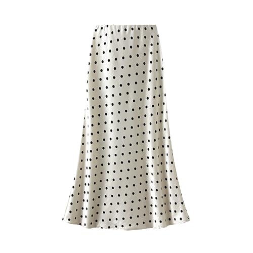 CORIRESHA Women's Elegant Polka Dot Skirt Elasticized Waistband Flowy Maxi Satin Skirt Apricot