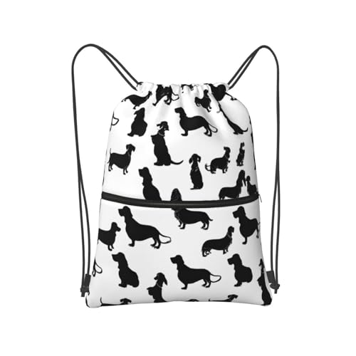 JAYWIS Black Dogs Rucksack mit Dackel-Motiv, mit Kordelzug, mit Reißverschlusstaschen, wasserabweisend, leicht, für Wandern und Fitnessstudio, verstellbare Träger, kompakt