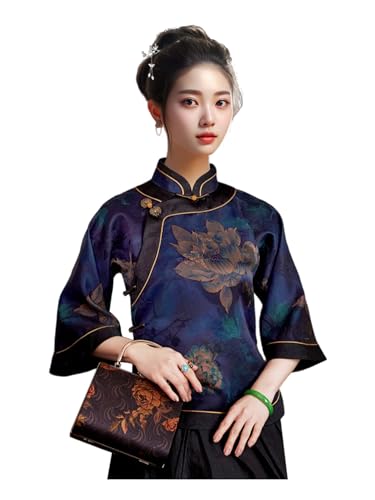 Blue Peony Print Women Top Blouse