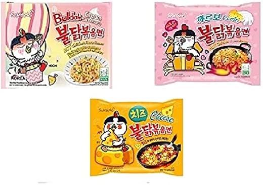 Sam Yang Korean Buldak Cream Carbonara Noodles Pk1 & Buldak Carbo Noddles Pk1 & Buldak Cheese Pk1(420Gm)(Imported) Pack Of...