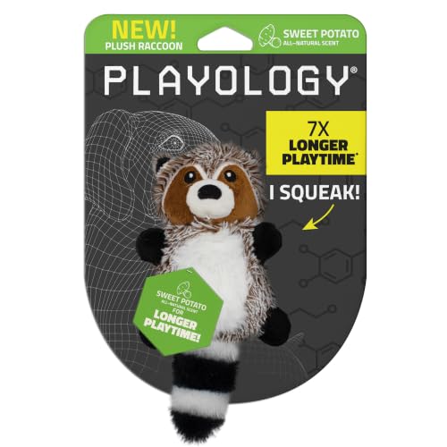 Playology Dog Toys | Plush Racoon Stuffed Animal for Dogs | Sweet Potato Scented Small Squeaky Toy | Plush Chew Toy for Dogs