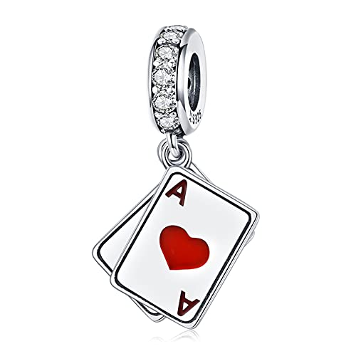 Qings Spielkarte Anhänger Charm für Damen, 925 Sterling Silber Poker Ace of Hearts Pik Glücklich Anhänger für Europäische Charm-Armbänder und Halsketten