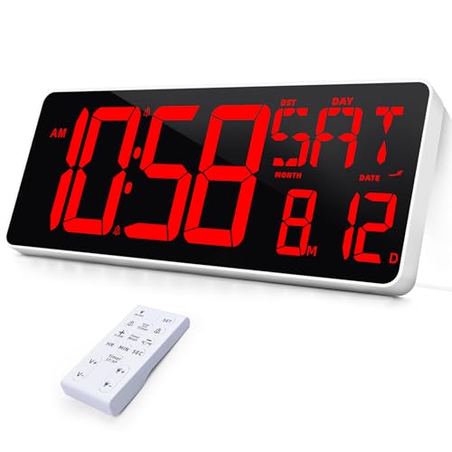TXL 13.7 Inch Large Digital Wall Clock with Remote Control,LED Desk Clock Digital with DST/Calendar/Temperature/Timer Function, Auto Dimmer, Large Display for Classroom/Office (Red)