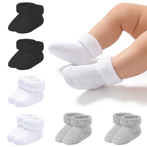 Mini angel Newborn Socks Preemie Terry Cotton Turn Cuff Sock Infant 0-3 Months Girls Boys Ankle Socks 6 Pairs(Black/White/Grey XS)