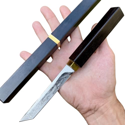 Cuchillo hoja fija acero damasco tanto estilo japonés estuche integral madera ébano edc custom colección caza forge artesanía regalo hombre fiesta padre camping filo original senderismo