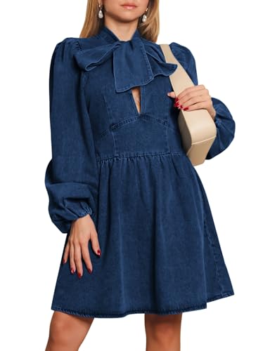 Denim Dress for Women, Puff Long Sleeve Jean Dresses Bow Tie Babydoll Denim Mini Dress