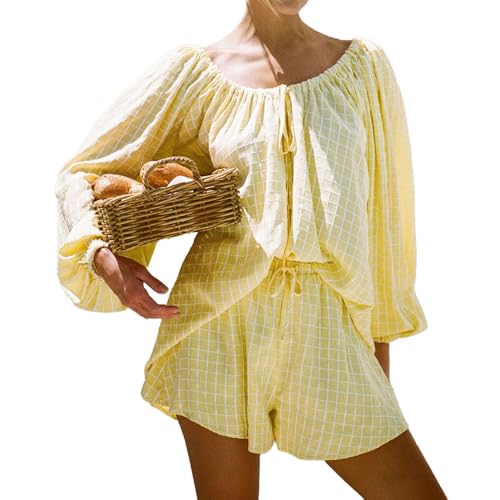 Womens 2 Piece Short Set Oversized Lounge Sets Long Sleeve Top and Shorts Plaid Pajamas Set