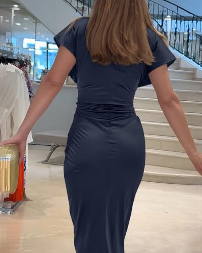 Image of CHICME Summer Dresses for Women Floral Print Plunge V Neck Midi Dress Casual Ruched Slit Bodycon Party Dress