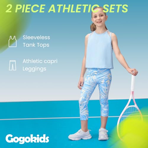 Gogokids Girls' Activewear Workout Set 2 Piece Athletic Sets Sleeveless Mesh Tank Tops and Capris Leggings Yoga Pants 5-12Y3