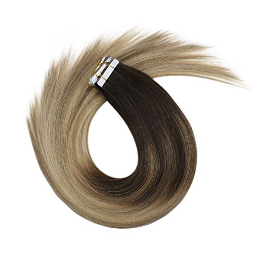 dark brown fading to light brown mixed ash blonde tape in hair extensions 20inch 20pcs