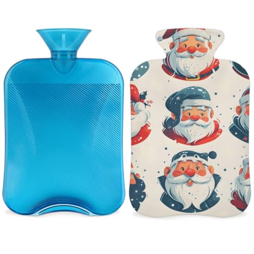 Hot Water Bottle with Soft Cover,2L Colorful Santa Claus Hot Water Bag for Hot and Cold Compress, Hand Feet Warmer, Xmas Santa Claus Rubber Hot or Cold Water Bottle Halloween Christmas Decorations