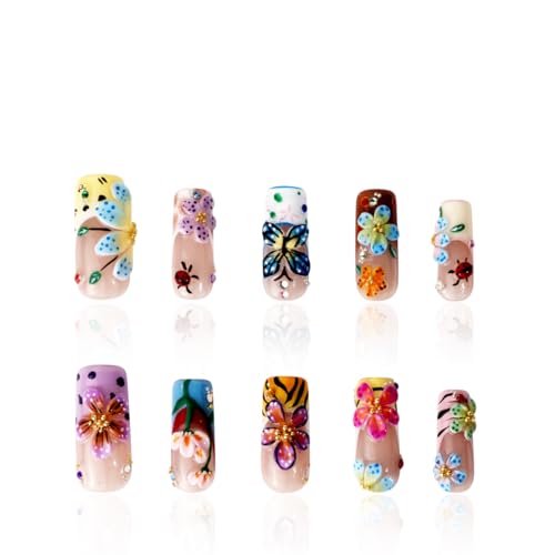 Promake Handmade Press-On Nails - Spring Collection, Floral Butterfly Design,