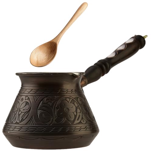 Image of DEMMEX 15 oz Large Copper Turkish Coffee Pot Cezve Ibrik Greek Coffee Briki Stovetop Coffee Maker with Wooden Handle & Spoon, 1mm Thick Copper, Handmade & Engraved in TURKEY, 6 Servings