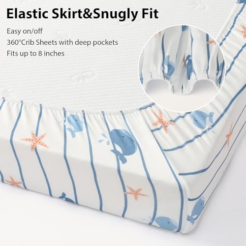 Image of Baby Crib Sheets for Boys and Girls, 3 Pack Toddler Bed Sheets for 52 inchx28 inch Standard Toddler Mattresses, Soft Microfiber Fitted Crib Sheets Neutral Blue Ocean Whale