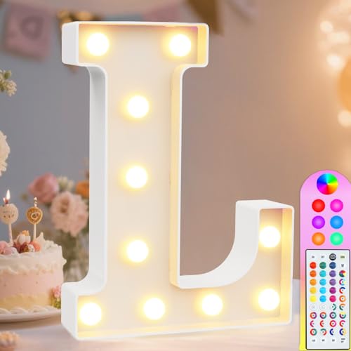 Image of Pooqla Colorful Light Up Letters with Remote, Upgraded 35 Colors LED Marquee Letters, RGB Lighted Letter for Girls Teenager Gift, Birthday, Party, Wedding, Night Light, Room, Bedroom Decor, Letter L