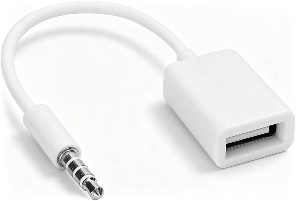 HANYAUKU USB to AUX Adapter 3.5mm Male to USB Female for Car Audio | 3.5mm audio cable, oxygen-free copper and PVC build, fits car audio and U disk, 14cm cable length, white
