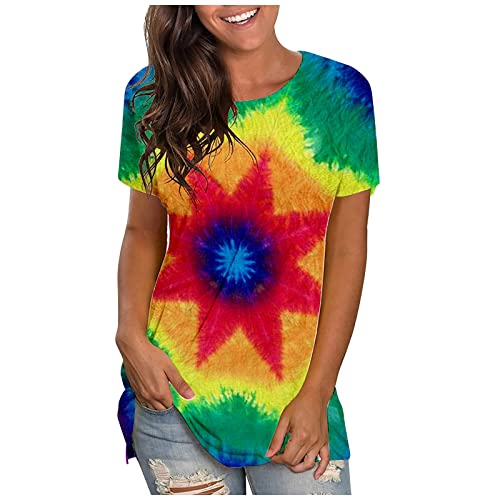 SCBFDI Black of Friday Cyber of Monday, Summer Round Neck Short Sleeve Gradient Tie Dye Print T-Shirt for Women UK Fashion Loose Casual Sports Trendy Tunic Top B-Green