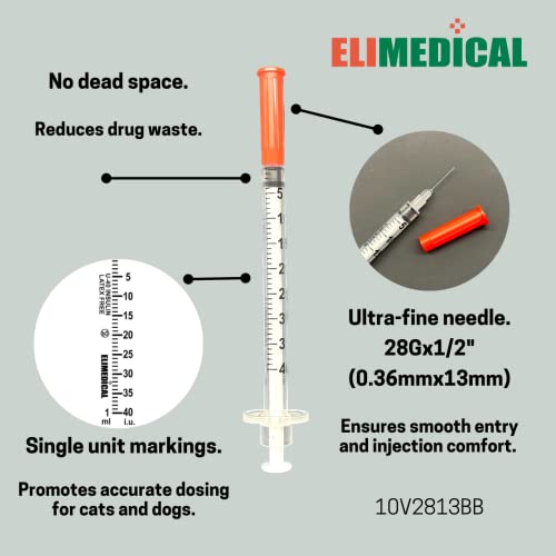 Elimedical Veterinary Insulin Syringe 40IU (U-40), 1cc (1ml), 28G x 1/2 inch (12.7 mm), Individually Packed, for Pet Cat or Dog, 100 per box, 10V2813BB - Thumbnail 3