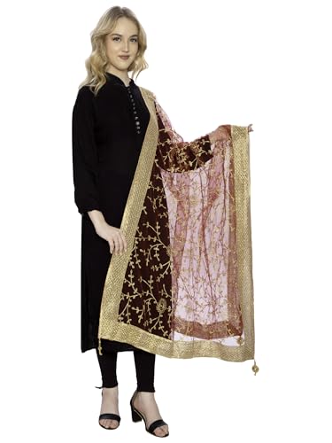 Image of ZEN APPAREL Women's Embroidered Net Dupatta with Lace Borders (Z-101) Premium Net Fabric Golden Aari Work