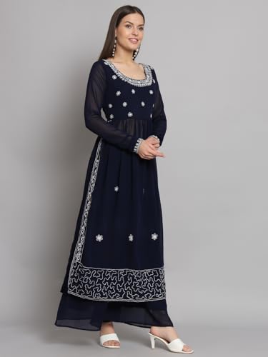 Image of PH POSHAKHUB Women A-Line Nyra Cut Kurta with Sharara in Georgette with Aari Work