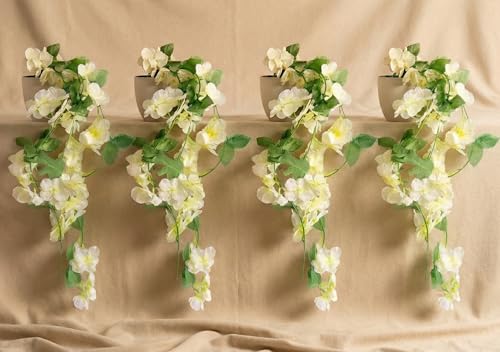 Image of Dekorly Artificial Hanging Garland with Pot -100cm White Vine |10cm Decorative Pot for Table, Realistic Faux Blooms Cascading Floral Decor (4, White)