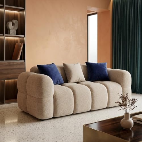 Image of FURNY Luxury Nimbus 2 Seater Bubble Cloud Sofa Set for Living Room | Boucle Weave Fabric Upholstered | Modern Cushioned Comfortable Couch for Home Office & Drawing Room | Sandstone Beige