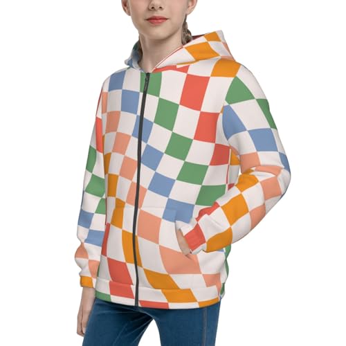 Wavy Checkerboard Kids Pullover Hoodies Boys Zip Up Sweatshirts Girls Athletic Clothes with Pocket