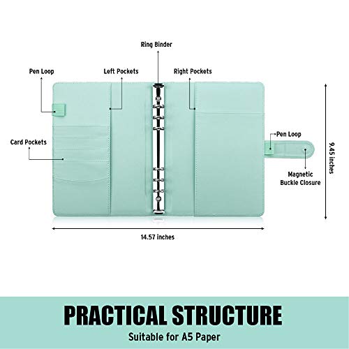 Image of Sooez A5 Notebook Photocard Binder, 6 Ring Planner, Stylish Loose Leaf Personal Organizer Cover with Magnetic Buckle, PU Leather Women's Binder (Mint Green)