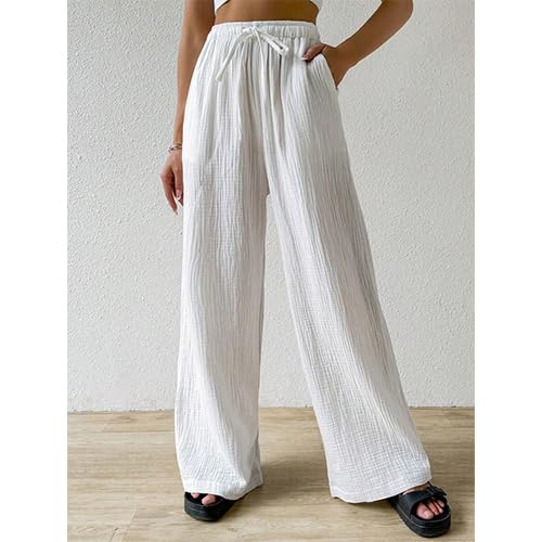 Women High Waisted Linen Cotton Crinkle Straight Wide Leg Loose Casual Long Pants​ White S4