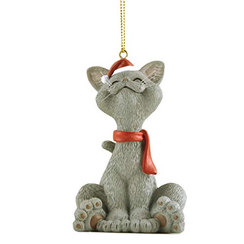 JFSM INC. Whimsical Grey Cat Christmas Ornament Figurine Holiday Collectible - Happy Cat Collection - Cat Lover Gifts for Women, Cat Lover Gifts for Men, Cat Christmas Ornaments