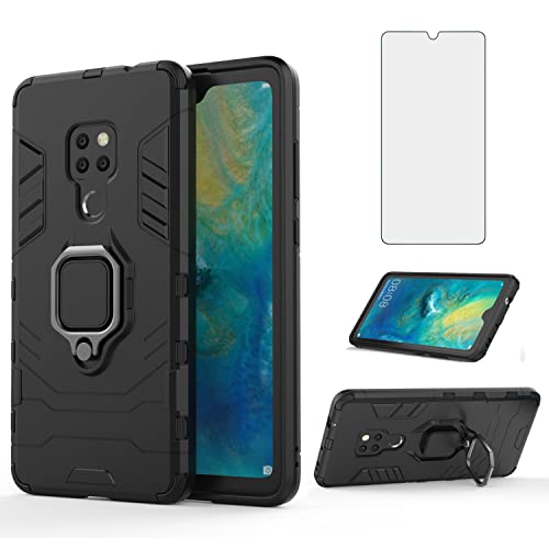 Phone Case for Huawei Mate 20 with Tempered Glass Screen Protector Cover and Magnetic Ring Holder Stand Kickstand Slim Hard Cell Accessories Huwai Hwauei Hawaii Mate20 P20 Boys Women Girls Cases Black