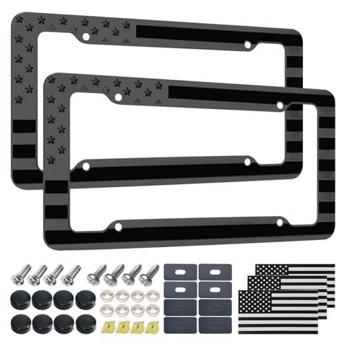 Image of Black American Flag License Plate Frame - 2 Pack Patriotic Car Tag Frames | Front & Rear, USA Holder, 4 Hole, 3D Embossed Stars & Stripes, Includes Mounting Hardware