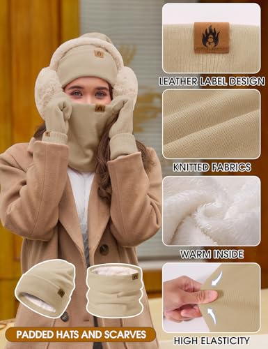PASUDA Mützen Schal Handschuhe Damen Winter 5 Stücke Set Warme Fleece Gefütterte Beanie Wintermütze Halswärmer Touchscreen Handschuhe Plüsch Ohrenschützer Verdickte Socken Winterset (Khaki, One Size)