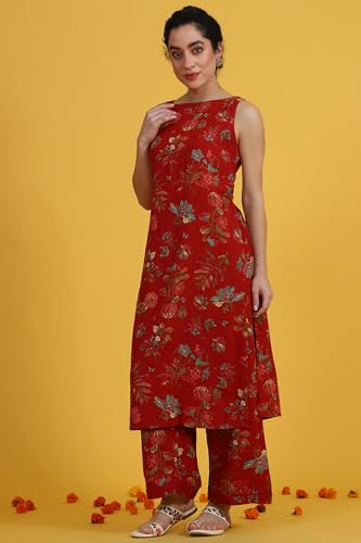 Image of W for Woman Reef Blue Floral Printed Modal Straight Kurta, Pants and Dupatta Set